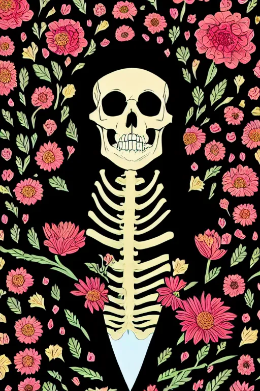 Image similar to portrait of a skeleton in a black suit and tie with flower shirt, vivid flower background by Jen Bartel and Dan Mumford and Satoshi Kon, gouache illustration