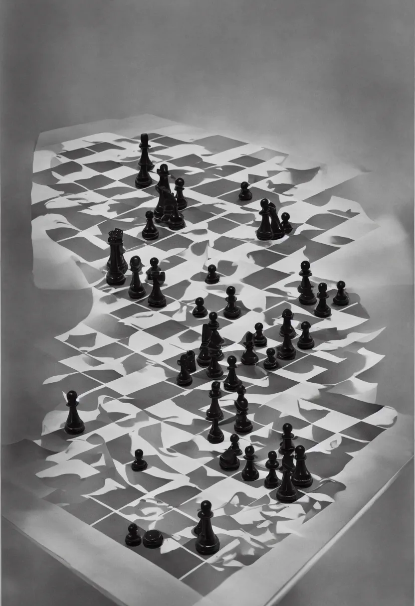 Image similar to A chessboard connected to a machine in a vast white room, Marcel Duchamp, Irving Penn, cyberpunk, 1919