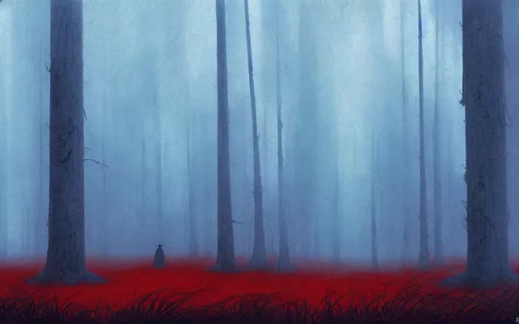 Prompt: red alert in the blue forest, atmospheric, mysterious, mist, high detail, concept art, by tove jansson and john harris