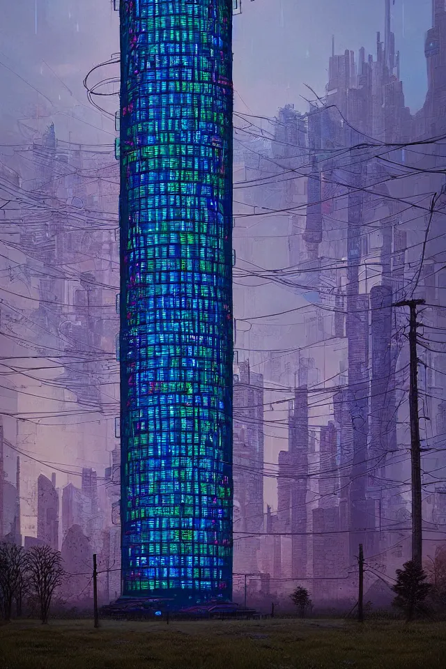 Image similar to cyberpunk tower made out of billions of stacked computer screens by simon stalenhag and dan mumford