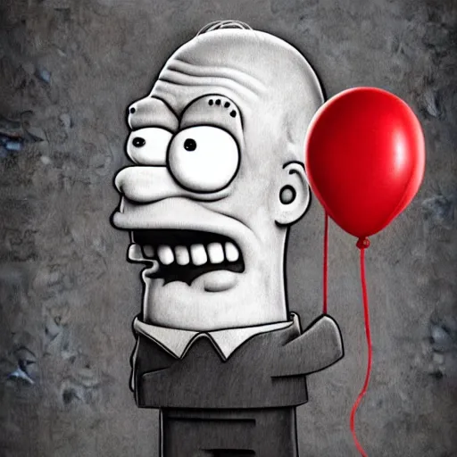 Prompt: surrealism grunge cartoon portrait sketch of homer simpson with a wide smile and a red balloon by - michael karcz, loony toons style, the conjuring style, horror theme, detailed, elegant, intricate