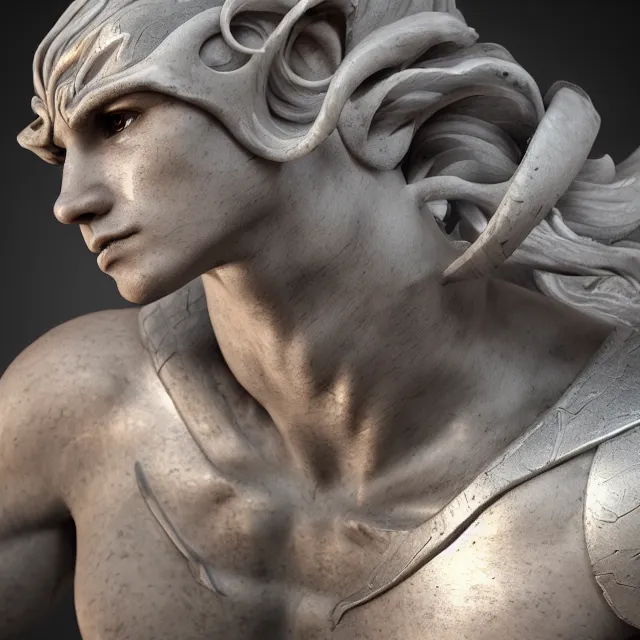 Image similar to marble sculpture of a male warrior elf, realistic, unreal engine render, octane render, hyper realistic, photo, 8 k, cinematic lighting