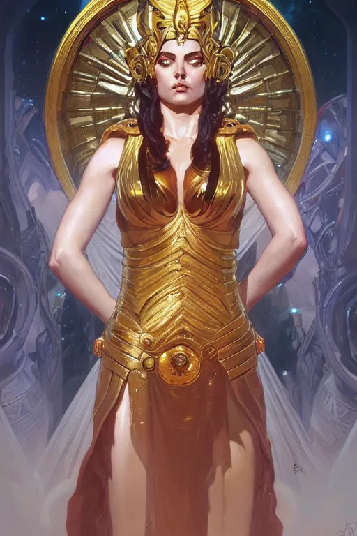 Image similar to The Godess Hera looking angry, portrait, highly detailed, digital painting, artstation, concept art, smooth, detailed armor, sharp focus, beautiful face, symmetric face, cinematic, videogame cover art, illustration, art by Artgerm and Greg Rutkowski and Alphonse Mucha