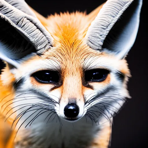 Prompt: close-up photograph of a fennec fox, incredibly detailed, highly textured, very beautiful, high contrast studio lighting, 50mm lens