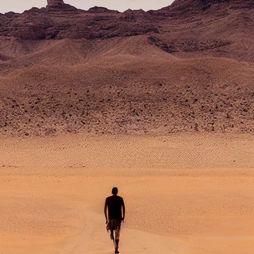 Image similar to man wandering the desert solemnly, realistic 8k