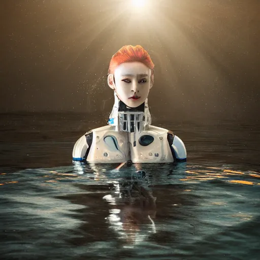 Image similar to beautiful centered Fine art photo portrait of HoYeon Jung as a solarpunk robotic humanoid treading on water, white mechanical parts with led lights, photorealistic, white background, highly detailed and intricate, sun lighting, HDR 8k