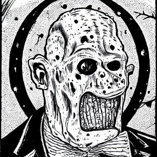 Image similar to a Pop Wonder scary horror themed goofy-hilarious-swamp-bog-monster-spaced-out-dead-head-with-space-in-his-oraphus, 3-piece-suit, dime-store-comic drawn with charcoal and pen and ink, half-tone-line-stacking