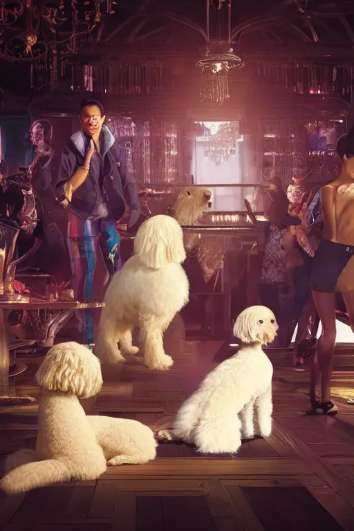 Prompt: gok wan and a white cockapoo in a nightclub, anatomy, bathed in light, highly detailed, photorealistic, artstation, smooth, sharp focus, illustration, unreal engine 5, 8 k, art by artgerm and greg rutkowski and edgar maxence