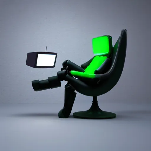 Image similar to futuristic lonely matte dark gray and glossy translucent green full-body humanoid robot with huge expressive comically sad LED eyes and open rectangular mouth sitting on a large comfortable cushioned vintage recliner reading a hardbound leather book. Cinematic Lighting, Cinematic Movie Photograph, Arri Alexa, Extremely Detailed, smooth, very very clean, simple, 8K, octane render, maya render, unreal engine, trending on artstation, DSLR, excellent composition, moody