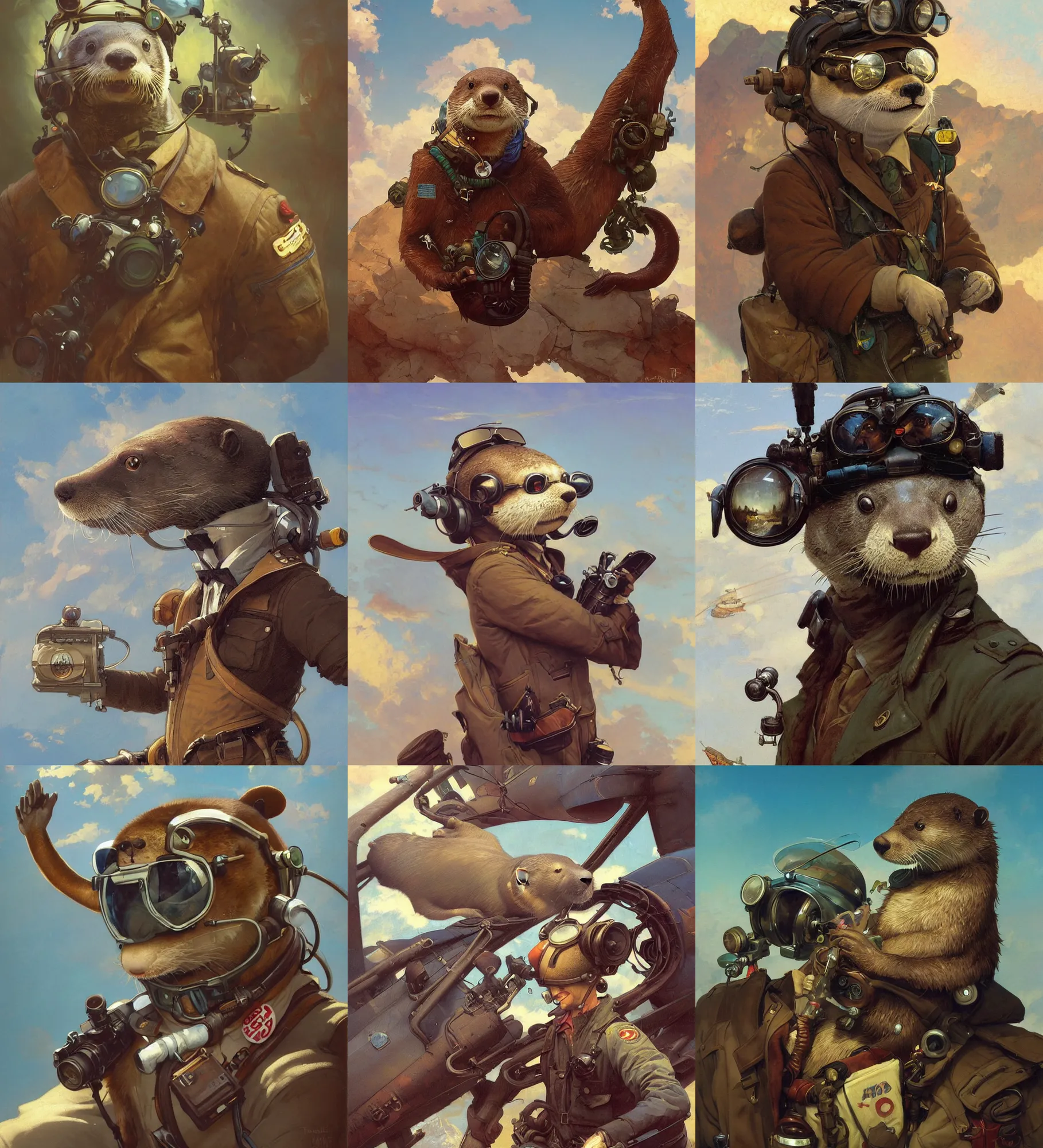 Prompt: anthropomorphic otter aviator pilot. renowned character illustration by greg rutkowski, thomas kindkade, alphonse mucha, loish, norman rockwell. trending on artstation. digital art.