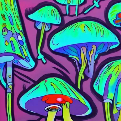 Prompt: trippy mushrooms, acrilic paint, digital, artstation