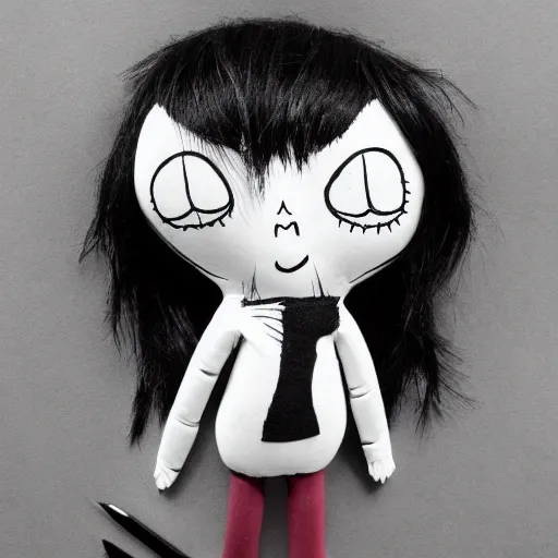 Prompt: Cute emo doll, black line art, in style of Tim Burton