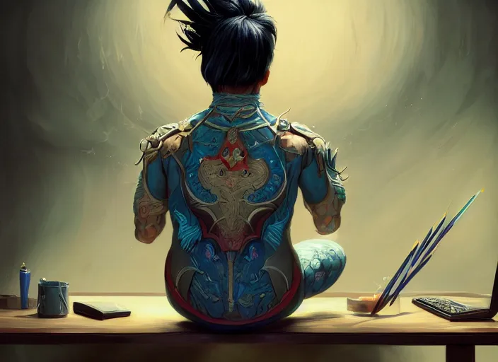 Image similar to an insanely detailed painting of an asian man wearing a homemade superhero costume, sitting at a desk, staring seriously at the computer and typing, in the style of peter mohrbacher, james jean, artgerm, dramatic lighting and composition, surreal background, octane render, pixar, trending on artstation, concept art, comic book, view from behind, 8 k