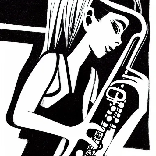 Image similar to an ink drawing of a tech punk girl playing the saxophone by ilya kuvshinov, black and white, white outline, high contrast