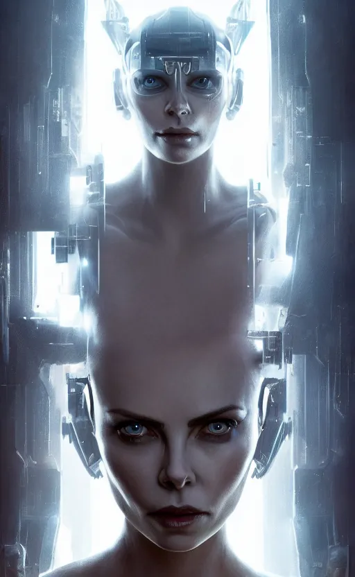 Image similar to a cyborg demon girl, charlize theron, flawless symmetrical pretty cute face, greg rutkowski, 8 k, shallow depth of field, intricate detail, concept art,