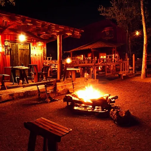 Image similar to cowboy western tavern at night, well lit, campfire