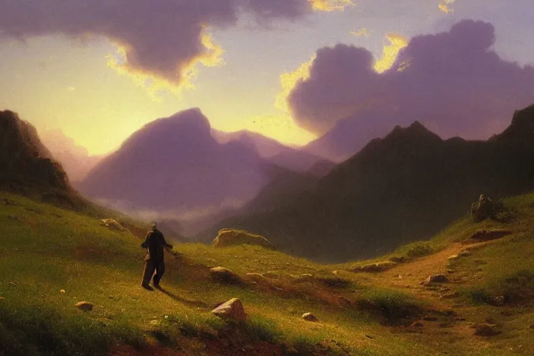 Prompt: a traveler wandering trough the mountains looking at the clouds, very detailed, oil painting, cinematic lighting, albert bierstadt, trending on artstation, colorful, canvas, sunset, theodor kittelsen