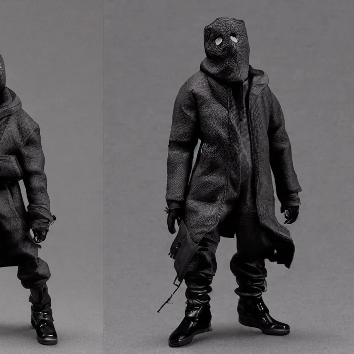 Image similar to kanye west using a face covering black mask with small little holes, a black shirt, a yeezy gap blue round jacket and big black rubber boots, a hot toys figure of kanye west using a black mask with small little holes, a black shirt, a yeezy gap blue round jacket and big black rubber boots and big black rubber boots, figurine, detailed product photo