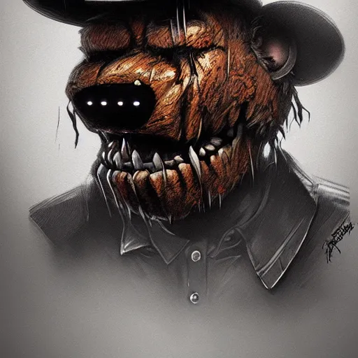 Image similar to commission of freddy fazbear,realistic,hyperdetailed,photorealistic,detailed face,art by greg rutkowski,trevor henderson,ross tran,artstation,deviantart,4k,western comic style,sharp lineart,professional lighting,professional shading,eerie,scary atmosphere