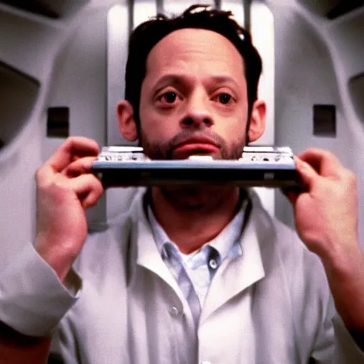 Image similar to film still of Nick Kroll as Dr Seth Brundle in The Fly 1986