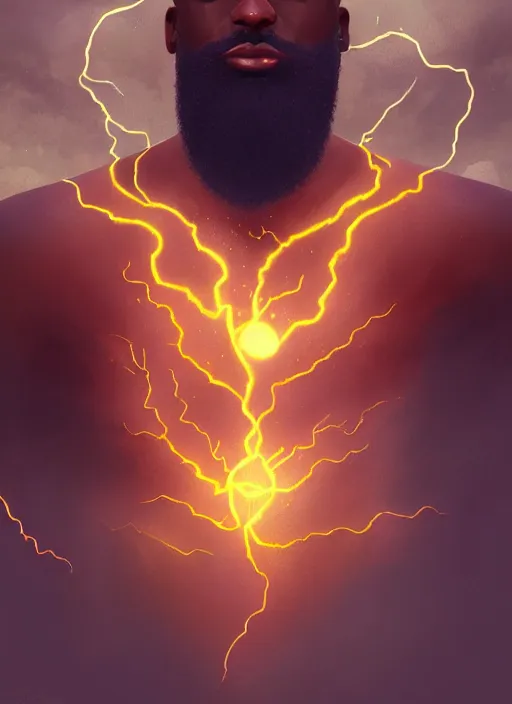 Prompt: a highly detailed illustration of bearded short haired fade african god of lightning, wearing gold chains on neck and arms, evil summoning lightning pose, moonlit clouds background, muscular, intricate, elegant, highly detailed, centered, digital painting, artstation, concept art, smooth, sharp focus, league of legends concept art, WLOP