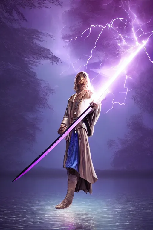 Prompt: hyper realistic mystical wizard holding a sword that’s pointed towards the sky, sword is getting shocked by purple lightning, wizard is levitating over a lake, reflection, octane, trending on artstation, hyper realistic, highly detailed, 8k
