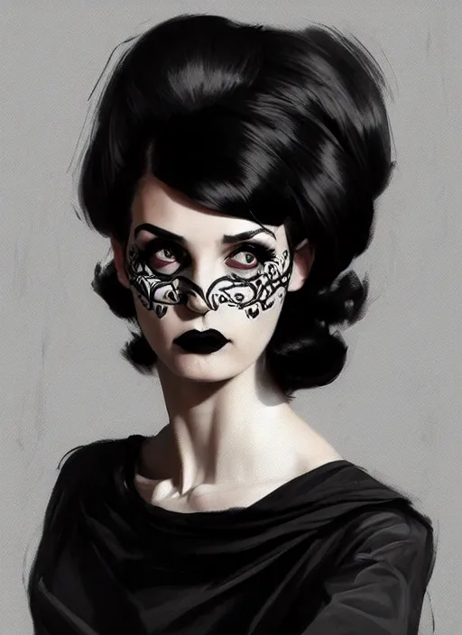 Image similar to portrait of a woman with a crooked nose and a confident expression, 1 9 6 0 s, black clothes, goth, punk, brightly coloured hair, funk, intricate, elegant, highly detailed, digital painting, artstation, concept art, smooth, sharp focus, illustration, art by wlop, mars ravelo and greg rutkowski