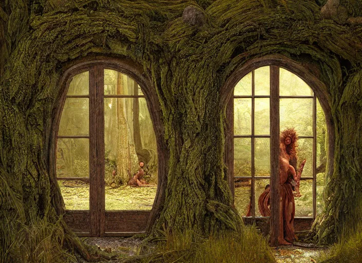 Image similar to jim henson's labyrinth. two doors. a carved stone overgrown with moss. an old door made of wood and rusty metal. by edgar maxence and caravaggio and michael whelan and delacroix style, artistic, intricate painting, cinematic lighting, hyper realistic, extremely detailed, 8 k resolution, establishing shot, dramatic lighting