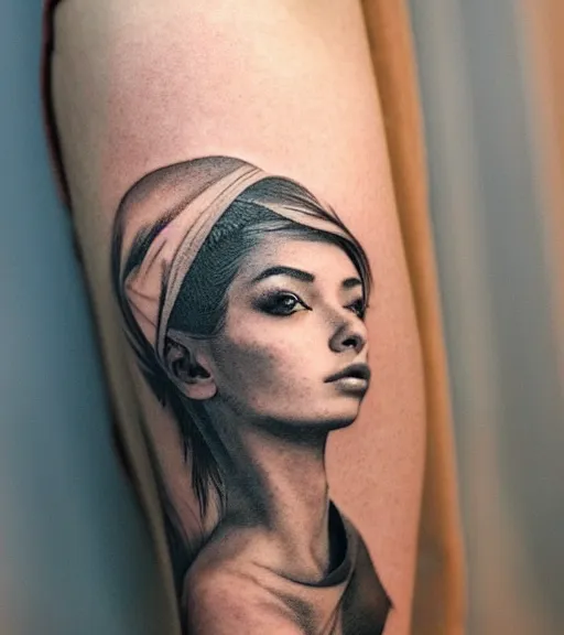 Image similar to a beautiful girl faded in a mountain scenery, realism tattoo, in the style of den yakovlev, black and white, hyper realistic, highly detailed