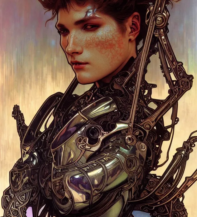 Prompt: realistic detailed face portrait of a handsome futuristic celtic warrior in alien cyberpunk armor by alphonse mucha, ayami kojima, amano, greg hildebrandt, and mark brooks, female, feminine, art nouveau, cyberpunk, neo - gothic, gothic, masterpiece artwork, character concept design,