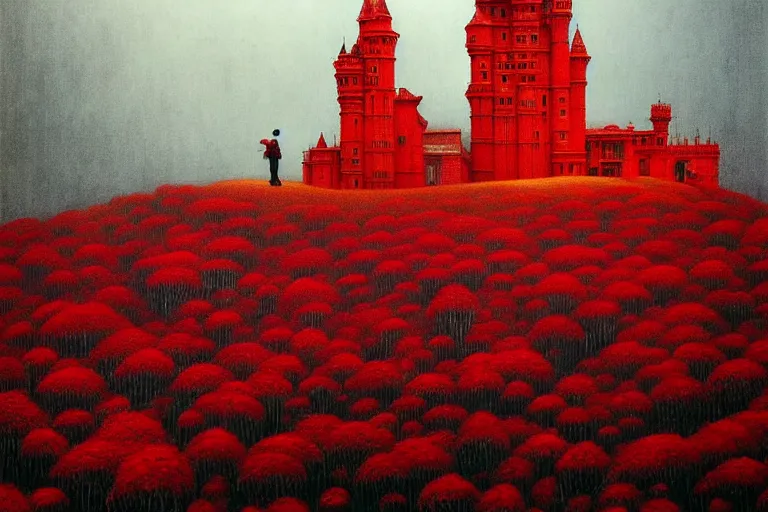 Prompt: only with red, red flowers of different types, red castle in background, red medieval goblins, in the style of beksinski, parts by edward hopper, parts by rodcenko, parts by yue minjun, intricate and epic composition, red by caravaggio, insanely quality, highly detailed, masterpiece, red light, artstation, 4 k