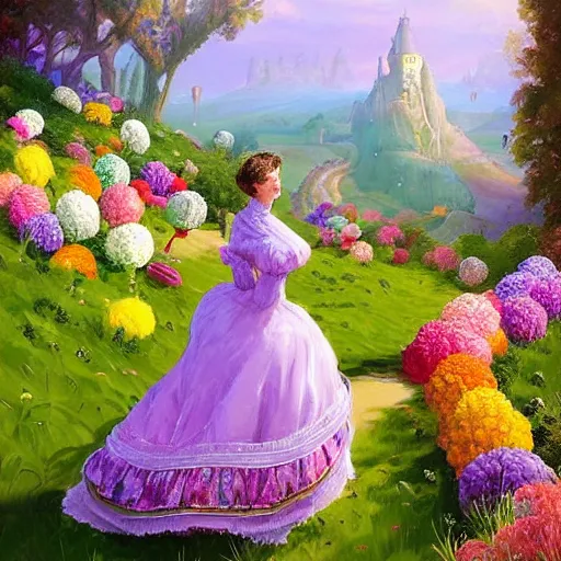 Image similar to portrait of a victorian woman, running up a hill of exotic flowers in the candyland, giant multicolored lollipops, and gumdrops, exotic plants in the shape of candies, from behind, Castle in distance, birds in the sky, sunlight and rays of light shining through trees, beautiful, solarpunk!!!, highly detailed, digital painting by Michael Garmash and Peter Mohrbacher