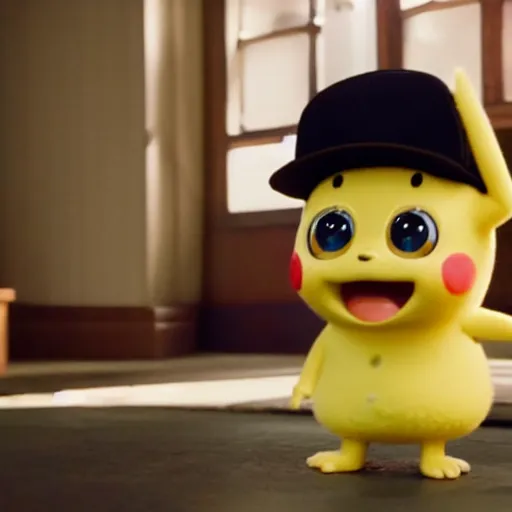 Image similar to a film still of baby sponge bob in detective pikachu