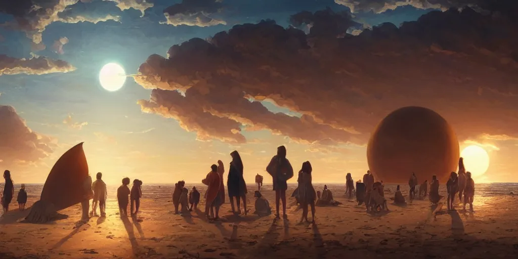 Prompt: a few people watching sunset on a beach with a close planet looming above the sky, intricate, highly detailed, digital painting, trending on artstation, concept art, smooth, illustration, cinematic lighting, art by artgerm and greg rutkowski and alphonse mucha