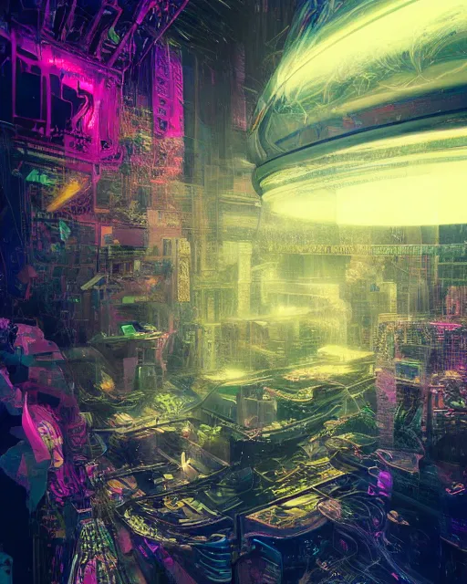 Prompt: the most amazing dream you ever had about artificial intelligence singularity, moebius, hyper realistic, concept art, intricate, hyper detailed, smooth, vibrant, high contrast, neon, volumetric lighting, octane, raytrace