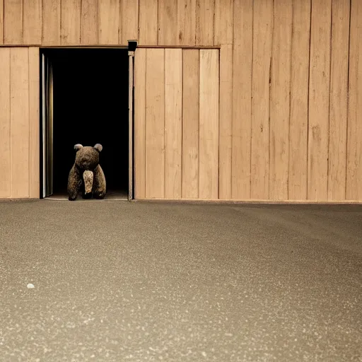 Image similar to dark photograph of a small bear mascot walking through a large wooden doorway