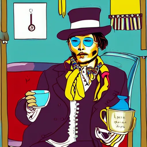 Prompt: Johnny Depp is covered in a blanket and drinking tea in Willy Wonka's Chocolate Factory, Illustration, Colorful, by !dream Johnny Depp is covered in a blanket and drinking tea in Willy Wonka's Chocolate Factory, Illustration, Colorful, by Fesbraa