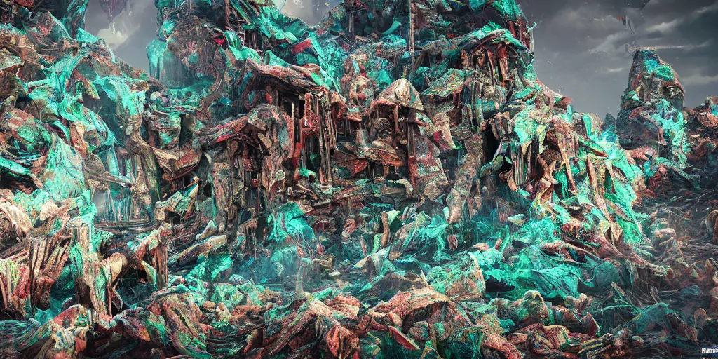 Image similar to ruination, outright devastation, landscape, intricate complexity, horror, rainbow drip paint, psychedelic glitch art, trending on art station, photoreal, 8k, octane render