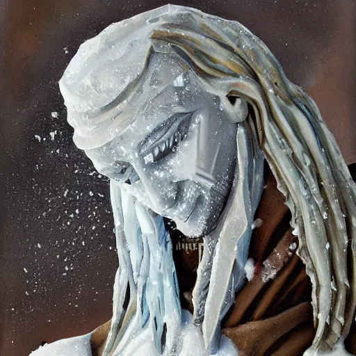 Prompt: painting of frozen medieval peasant ice statue, dark fantasy, fairytale