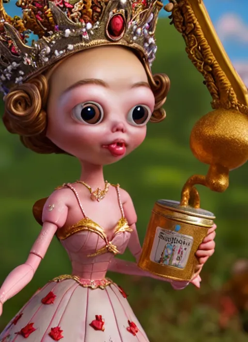 Image similar to highly detailed closeup, face profile portrait of a tin toy fairytale princess wearing a crown eating cakes, bikini, unreal engine, by nicoletta ceccoli, mark ryden, lostfish, dan decarlo, bob clampett, max fleischer, global illumination, detailed and intricate environment