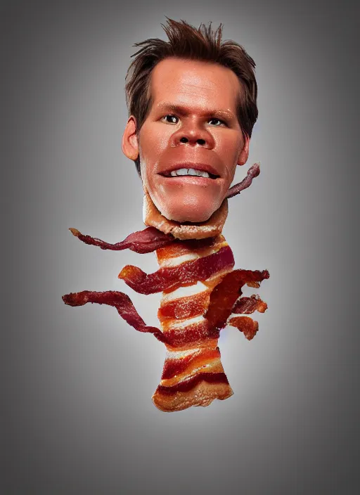 Prompt: bacon in the shape of a human face, human face made out of bacon, kevin bacon made out of bacon, professional food photography, unreal engine, transparent background