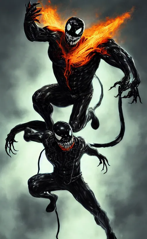 Image similar to venom as ghost rider, dynamic lighting, photorealistic fantasy concept art, trending on art station, stunning visuals, terrifying, creative, cinematic