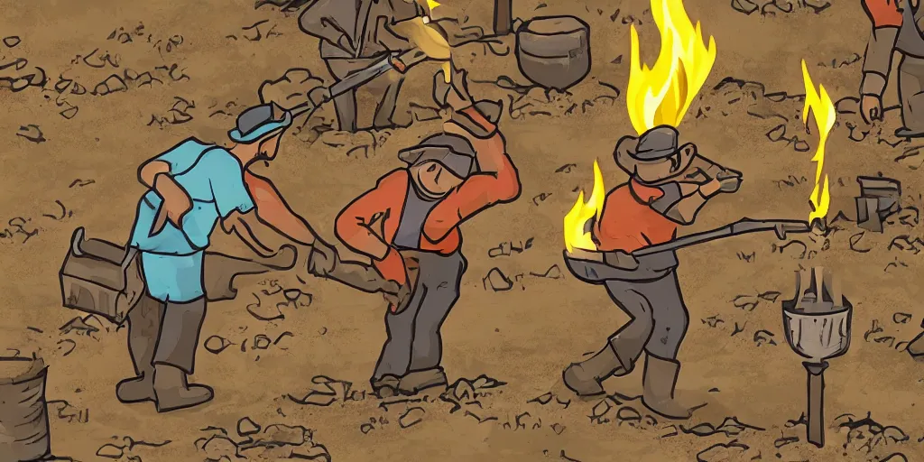 Prompt: torch wielding town folk digging up a grave