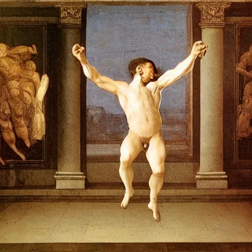 Image similar to a man boisterously dancing around the room by himself holding a single empty bottle as he jumps in the air, fine detail, dramatic lighting, award-winning photo UHD, 4K, by (Leonardo da Vinci)