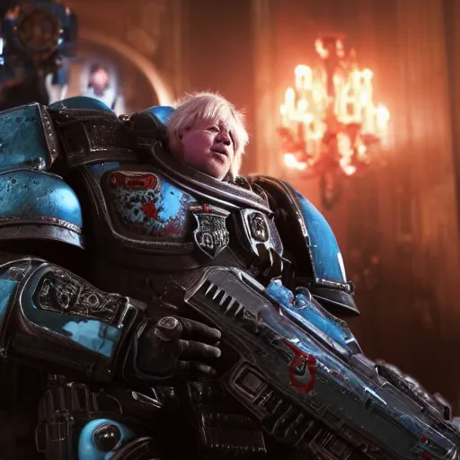 Prompt: Portrait of Boris Johnson as the emperor of humanity from warhammer 40k in Gears of War, splash art, movie still, cinematic lighting, dramatic, octane render, long lens, shallow depth of field, bokeh, anamorphic lens flare, 8k, hyper detailed, 35mm film grain