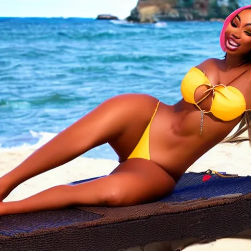 Image similar to megan thee stallion bikini, beach setting, aphrodite