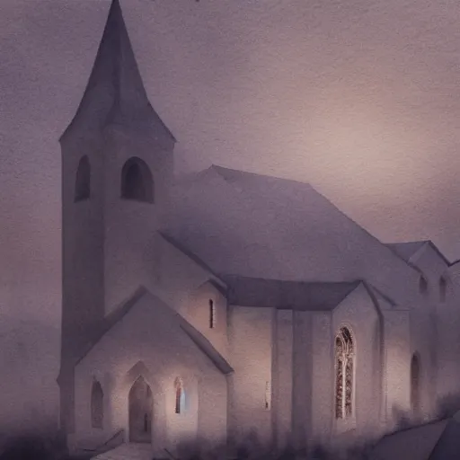 Image similar to realistic extremely detailed watercolor painting portrait of church, dusk, elegant, moody muted colors, Paul klee, octane render, 4k