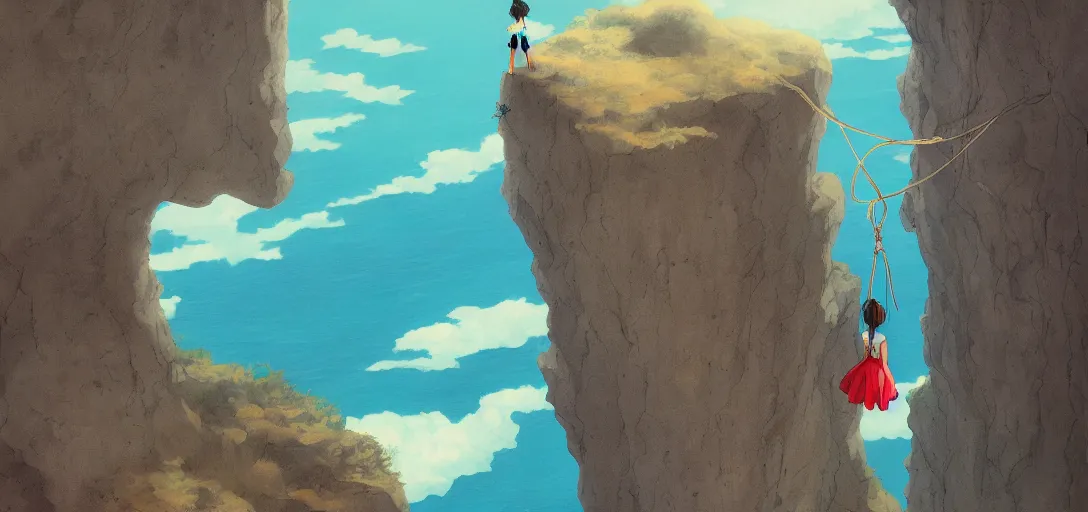 Image similar to a detailed painting of a single woman hanging from the side of a cliff overlooking the end of the world by Studio Ghibli trending on ArtStation