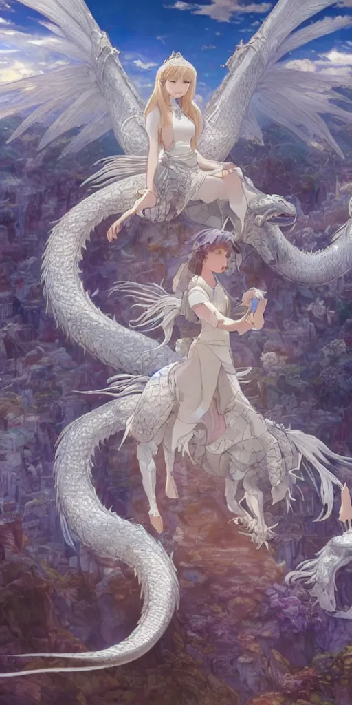 Prompt: the beautiful hyper detailed scene render that a beautiful princess sitting on the back of a huge silver white dragon alone in fairyland surrounded by white clouds, finely detailed angelic face delicate features, style of studio ghibli, makoto shinkai, raphael lacoste, louis comfort tiffany, artgerm, james jean, ross tran, animation style, hd, ultra wide angle