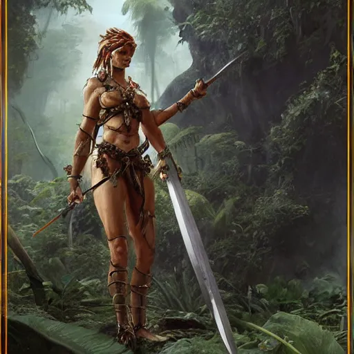 Prompt: a beautiful warrior woman with a legendary sword, detailed, jungle, by craig mullins _ w 7 0 0